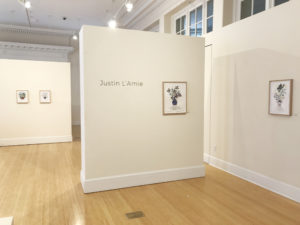 View of abstracted still life paintings on the wall of the gallery